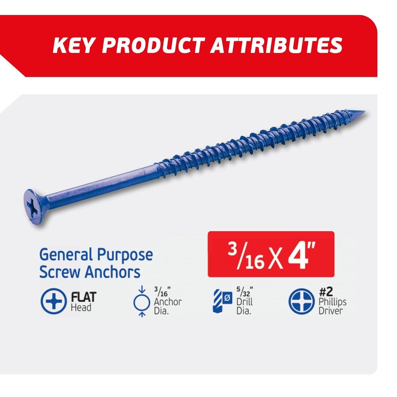 FixMaster 3/16 x 4 Countersunk Phillips Flat Head Blue Concrete Screw Anchors (100 pcs Screw Kit) with one Screwdriver and Drill Bit for Concrete, Masonry, Block, Brick and Wood Fastening - Image 2